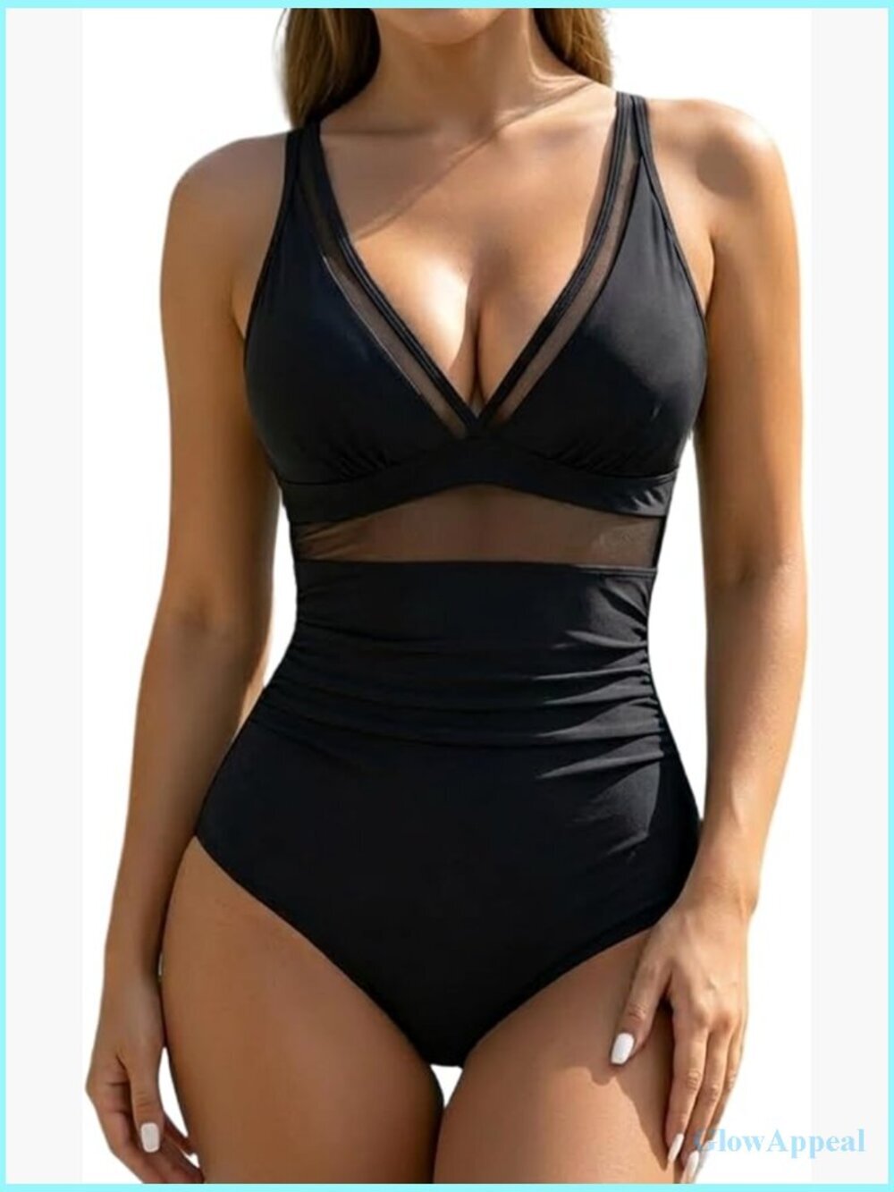 Mesh V Neck Cutout One Piece Swimsuit with Adjustable Straps